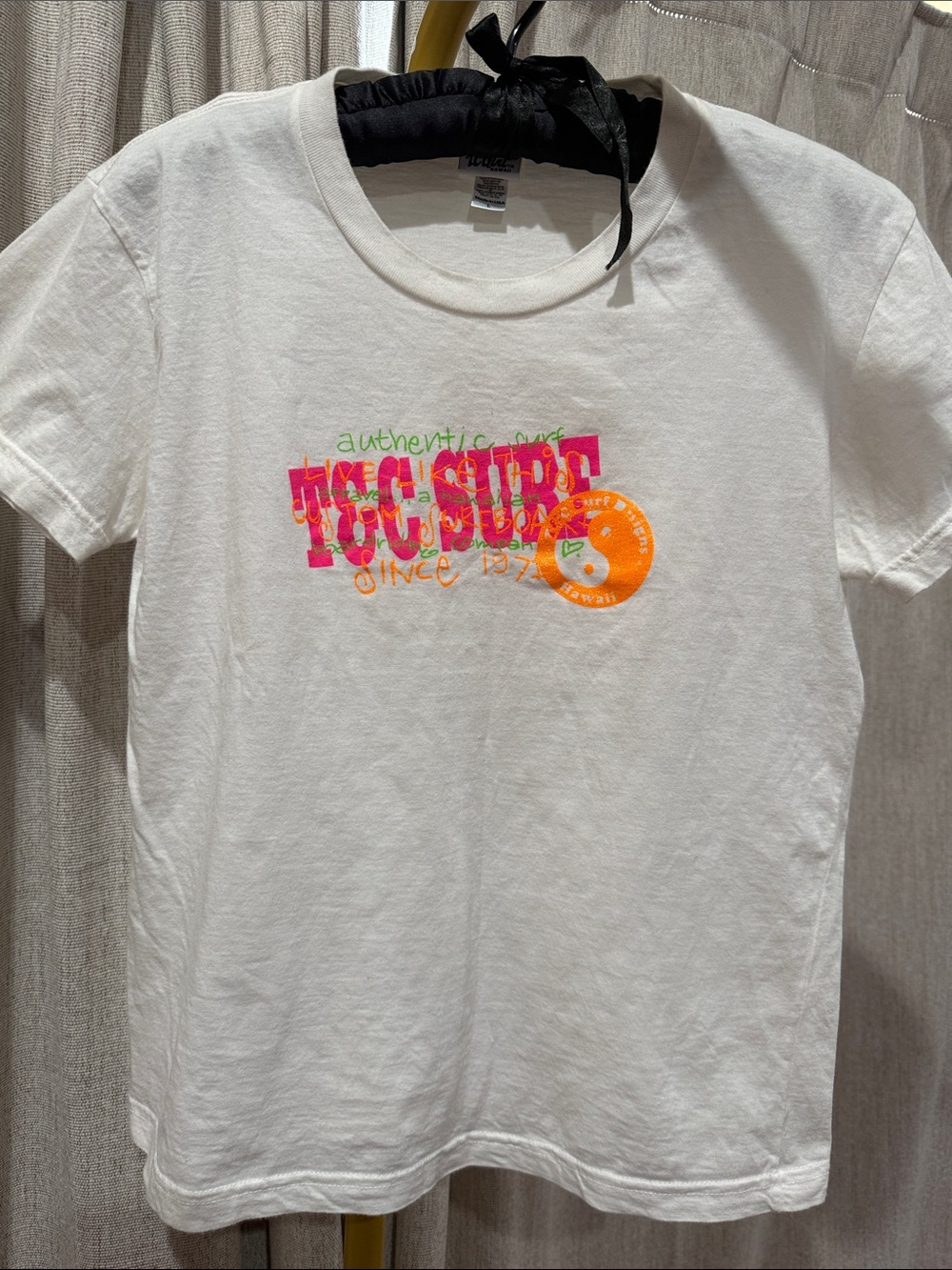 T&c surf designs vintage Y2K  White Tee with Neon Pink, Orange & Green Graphic